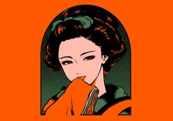  black_hair colored_skin commentary eyebrows female geisha green_eyes hair_ornament hand_on_own_face highres japanese_clothes kimono lips lipstick looking_at_viewer loop_on_hair makeup minillustration nihongami orange_hair orange_lips original simple_background smile solo white_skin 