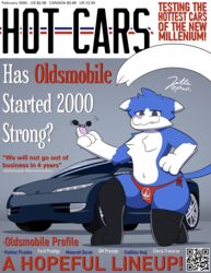  2000s absurd_res ambiguous_gender anthro belly blue_body blue_fur cadillac car chevrolet clothing cover domestic_cat english_text felid feline felis femboy fluffy ford fur general_motors grey_eyes hi_res jetta_(jettacat) jettacat leggings legwear looking_at_viewer looking_down low-angle_view magazine magazine_cover mammal maserati navel oldsmobile oldsmobile_profile pontiac qr_code satire smile smirk solo teeth text thong underwear vehicle wide_hips 