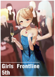  absurdres alternate_costume alternate_hairstyle anniversary bare_shoulders blonde_hair blue_dress blurry blush champagne_flute commentary_request cup depth_of_field dress drinking_glass earrings evening_gown female girls&#039;_frontline gloves hair_bun hair_ornament hairclip highres jewelry looking_at_viewer nagant_revolver_(girls&#039;_frontline) necklace painnico red_eyes short_hair single_hair_bun strapless strapless_dress white_gloves 