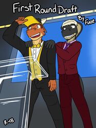  anthro baseball_cap black_tie_(suit) bottomwear bovid bovine bow_tie cattle clothing cobra cover cover_art cover_page duo english_text fangs formal_wear furgonomics fuze hands_on_shoulders hat headgear headwear hi_res horn lectern male mammal necktie pants reptile scalie shirt snake suit suit_jacket texnatsu text topwear ty_conrad vest 