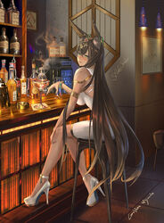  alcohol animal_ear_fluff animal_ears ark_order armband ashtray bad_id bad_pixiv_id bar_(place) bar_stool bare_shoulders bracelet breasts brown_hair chinese_commentary cocktail_glass counter crossed_bangs cup dark-skinned_female dark_skin dress drinking_glass ear_piercing female full_body gem gold_choker golden_miocola hair_between_eyes hair_ornament high_heels highres jewelry knees_together_feet_apart liquor long_hair looking_back piercing pumps refrigerator set_(ark_order) shelf sideboob signature sitting slit_pupils solo stool strappy_heels very_long_hair white_dress yellow_eyes 