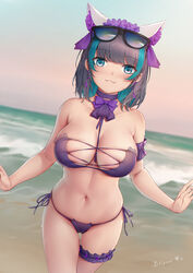  :3 animal_band animal_ears aqua_eyes arm_garter azur_lane beach between_breasts bigxixi bikini black_hair blush bow bowtie breasts bridal_garter cameltoe cheshire_(azur_lane) cheshire_(summery_date!)_(azur_lane) choker cleavage closed_mouth collarbone cowboy_shot dutch_angle earrings eyewear_on_head female flower hairband highres jewelry large_breasts looking_at_viewer maid_headdress multicolored_hair navel neck_ribbon ocean official_alternate_costume outdoors outstretched_hand photoshop_(medium) purple_bikini purple_bow purple_bowtie purple_flower purple_ribbon ribbon short_hair side-tie_bikini_bottom skindentation sky smile solo straight-on strapless strapless_bikini streaked_hair string_bikini sunglasses swimsuit thigh_gap twilight wet wet_hair 