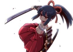  armor black_hair brown_eyes bushidou_(sekaiju) bushidou_2_(sekaiju) commentary_request drawing_sword eyes_visible_through_hair female hair_tie hakama hakama_short_skirt hakama_skirt highres holding holding_sheath holding_sword holding_weapon japanese_armor japanese_clothes katana light long_hair naga_u navel ponytail sarashi sekaiju_no_meikyuu sekaiju_no_meikyuu_1 sheath simple_background skirt solo sword unsheathed weapon white_background 