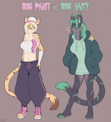  4_toes absurd_res anthro barefoot big_pant_or_big_jakt_(meme) bottomwear cheetah claws clothed clothing digital_media_(artwork) duo feet felid feline female fur green_eyes green_hair green_pawpads hair hi_res hoodie lynx mammal markings meme open_mouth pantherine pawpads paws plantigrade rz54 sharla_(rz54) simple_background skye_(rz54) smile tail tail_markings text toe_claws toes topwear yellow_body yellow_fur 