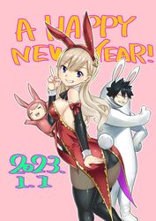  animal_ears ass ass_focus black_eyes black_hair blonde_hair blue_eyes breasts colored_skin detached_sleeves eden&#039;s_zero happy_new_year highres large_breasts leotard mashima_hiro pino_(eden&#039;s_zero) playboy_bunny rabbit_ears rabbit_tail rebecca_bluegarden shiki_granbell smile tail thick_thighs thighhighs thighs thumbs_up v white_skin wide_hips 