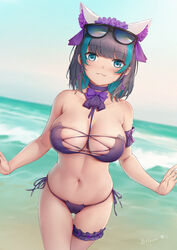  :3 animal_band animal_ears aqua_eyes arm_garter azur_lane beach between_breasts bigxixi bikini black_hair blush bow bowtie breasts bridal_garter cameltoe cheshire_(azur_lane) cheshire_(summery_date!)_(azur_lane) choker cleavage closed_mouth collarbone commentary cowboy_shot day dutch_angle earrings eyewear_on_head female flower hairband highres jewelry large_breasts looking_at_viewer maid_headdress multicolored_hair navel neck_ribbon ocean official_alternate_costume outdoors outstretched_hand photoshop_(medium) purple_bikini purple_bow purple_bowtie purple_flower purple_ribbon ribbon short_hair side-tie_bikini_bottom skindentation sky smile solo straight-on strapless strapless_bikini streaked_hair string_bikini sunglasses swimsuit thigh_gap wet wet_hair 