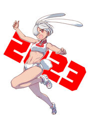  2023 :d animal_ears chinese_zodiac female fujisawa_takashi hair_over_one_eye highres midriff orange_eyes original rabbit_ears rabbit_tail short_hair smile solo stomach tail toned white_background white_hair year_of_the_rabbit 