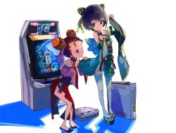  12_(xaenedju) 2girls arcade_cabinet black_hair blue_hair brown_hair clothes_lift commentary dark_blue_hair dodonpachi dodonpachi_daioujou dodonpachi_saidaioujou game_console green_eyes hair_ornament highres hikari_(saidaioujou) instrument japanese_clothes leinyan maracas multiple_girls personification red_eyes sega_dreamcast skirt skirt_lift thighhighs xbox_360 