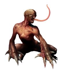  brain capcom claws crouch full_body highres injury licker long_tongue monster muscle mutant no_eyes no_humans official_art resident_evil simple_background solo squatting tongue 