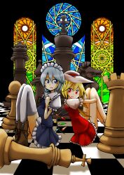  2girls back-to-back blonde_hair blue_eyes board_game boots checkered_floor chess chess_piece commentary_request dress flandre_scarlet grey_hair hat highres hugging_own_legs izayoi_sakuya maid_headdress multiple_girls red_eyes stained_glass tasoku_hokou_heiki thighhighs touhou white_legwear wings 