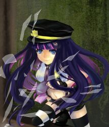  adapted_uniform blue_eyes broken_glass colored_inner_hair commentary_request crop_top female fingerless_gloves glass gloves hat highres long_hair multicolored_hair panty_&amp;_stocking_with_garterbelt papillonlaurant peaked_cap police police_uniform solo stocking_(psg) striped_clothes striped_thighhighs thighhighs two-tone_hair uniform zettai_ryouiki 