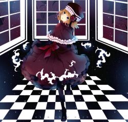  bad_id bad_pixiv_id blue_eyes bow capelet checkered_floor dress elbow_gloves eva_beatrice female flower frills gloves hat head_tilt highres kusamoto_sora looking_back orange_hair pantyhose ribbon rose sky solo star_(sky) starry_sky umineko_no_naku_koro_ni window 