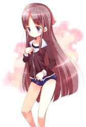  blue_buruma blue_eyes blush brown_hair buruma female gym_uniform highres jacket legs long_hair original ribbon solo takasaki_yuuki track_jacket very_long_hair zipping 