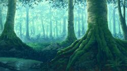  bad_id bad_pixiv_id fern forest green_theme moss nature no_humans original outdoors photoshop_(medium) plant_roots rock scenery senko_doki tree water 