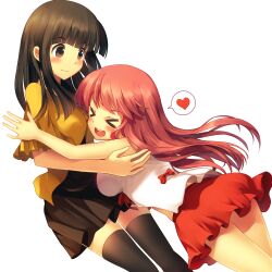  &gt;_&lt; 2girls :d bison_cangshu black_legwear blush breasts brown_eyes brown_hair chinese_commentary closed_eyes commentary_request heart imminent_hug long_hair medium_breasts multiple_girls open_mouth original photoshop_(medium) red_hair skirt smile spoken_heart thighhighs white_background xd 