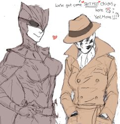  2girls ascot bodysuit breasts coat commentary english_commentary fedora genderswap_(mtf) hat heart large_breasts mask multiple_girls nite_owl oekaki rorschach rule_63 superhero_costume trench_coat watchmen zer03908 