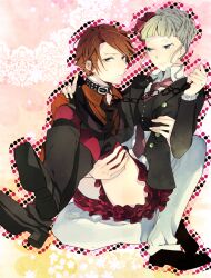  1boy bad_id bad_pixiv_id beatrice_(umineko) carrying chains collar female kinatsu_souju looking_at_viewer princess_carry short_hair smile umineko_no_naku_koro_ni ushiromiya_battler 