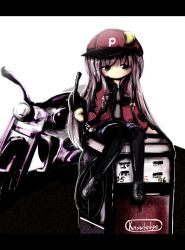  commentary_request contemporary crescent female gas_pump gas_pump_nozzle hat kouba letterboxed motor_vehicle motorcycle pantyhose patchouli_knowledge purple_eyes purple_hair sitting solo touhou 