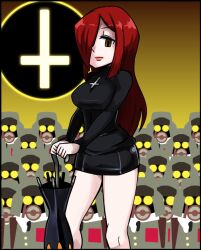  bare_legs black_egrets black_umbrella breasts closed_umbrella commentary_request cross fakkuma female hair_over_one_eye inverted_cross krieg_(skullgirls) large_breasts legs lips long_hair mask parasoul_(skullgirls) red_hair skirt skullgirls standing sweater thighs umbrella yellow_eyes 