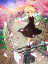  balancing black_dress blonde_hair cherry_blossoms cloud commentary_request dress dutch_angle female hair_ribbon highres hundun_yinzi mary_janes on_top_of_pole outstretched_arms pavement perspective petals photoshop_(medium) plant red_eyes ribbon road rumia shoes solo spread_arms street sunset touhou transformer tree utility_pole vanishing_point vines wall white_legwear 