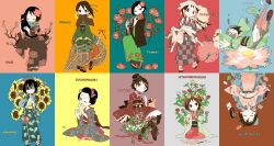  6+girls animal animal_on_shoulder ankle_boots apron asphyxiation bell black_cat black_hair black_hat blue_scarf boots bow braid branch brown_footwear brown_kimono brown_legwear brown_scarf calligraphy_brush camellia capelet card cat_on_shoulder checkered_clothes checkered_kimono chinese_lantern_(plant) closed_eyes clothed_animal comb commentary_request covered_mouth cross-laced_footwear drowning earrings envelope feline flat_chest flower foot_dangle forget-me-not_(flower) geta green_kimono hair_flower hair_ornament hair_ribbon hair_stick hairclip hand_on_own_stomach haori hat head_scarf head_tilt higashi_(azm) highres holding holding_animal holding_card holding_umbrella in_tree interlocked_fingers japanese_clothes jewelry kimono kinchaku kneehighs lace-up_boots letter lolita_fashion long_sleeves looking_at_viewer lotus mini_hat mini_top_hat mouth_hold multiple_girls no_shoes obi one_eye_closed original outstretched_arms own_hands_together paintbrush parasol pink_legwear plantar_flexion plum_blossoms pouch print_kimono rabbit red_bow red_flower red_kimono red_ribbon ribbon ribbon_braid sandals sash scarf seiza short_hair short_kimono sitting smile socks spread_arms standing submerged sunflower tabi tail tail_bell tail_bow tail_ornament tasuki top_hat tree twin_braids twintails umbrella unworn_hair_ornament unworn_sandals upside-down very_short_hair wa_lolita white_flower white_legwear wide_sleeves yellow_flower yukata 