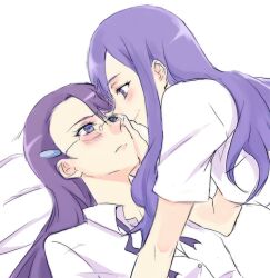  bad_id bad_pixiv_id bed blush cowgirl_position eye_contact glasses heartcatch_precure! kurumi_momoka long_hair looking_at_another multiple_girls negom precure purple_hair school_uniform smile tsukikage_yuri yuri 