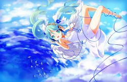  :d angel_wings aqua_eyes aqua_hair barefoot bird cloud commentary_request female floating_hair hands_on_headphones hatsune_miku headphones long_hair open_mouth sakuro skirt sky smile solo twintails very_long_hair vocaloid white_skirt wings 