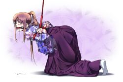  arms_behind_back ayase_chihaya ball_gag bondage bondage bondage bound bound_arms bound_wrists brown_eyes brown_hair chihayafuru commentary_request crying crying_with_eyes_open drooling female gag gagged hakama hakama_skirt japanese_clothes kimono long_hair ponytail purple_hakama red_rope rope sakuraba_tsukasa saliva skirt solo tabi tears variant_set wiffle_gag 