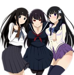  3girls black_hair black_pantyhose black_thighhighs book bow bowtie breasts chitanda_eru color_connection commentary_request crossover flower ghost hair_color_connection hair_flower hair_ornament hime_cut hydrangea hyouka kamiyama_high_school_uniform_(hyouka) kanoe_yuuko long_hair look-alike medium_breasts michitose_michiru multiple_crossover multiple_girls pantyhose purple_hair red_hair sanka_rea sankarea school_uniform season_connection serafuku smile sweatdrop tasogare_otome_x_amnesia thighhighs 