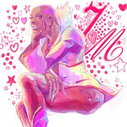  1boy bad_id bad_pixiv_id crossed_legs dark-skinned_male dark_skin earrings eyelashes fabulous fingernails goma116 jewelry long_fingernails male_focus nathan_seymour pink_eyes pink_hair pink_theme sitting solo tiger_&amp;_bunny 