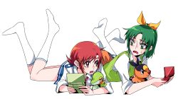  2girls bow commentary_request crossover green_eyes green_hair green_sweater_vest hair_ornament hairbow hairclip handheld_game_console hino_akane_(smile_precure!) lying_on_person midorikawa_nao multiple_girls nanairogaoka_middle_school_uniform nintendo_ds no_shoes open_mouth pokemon pokemon_(creature) ponytail precure red_eyes red_hair school_uniform simple_background sleeves_rolled_up smile_precure snivy socks sweatdrop sweater_vest tepig tima white_legwear 