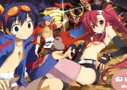  2boys absurdres bikini bikini_top_only blue_hair boota_(ttgl) breasts drill female fingerless_gloves fujima_takuya gloves goggles goggles_on_head gurren-lagann hair_ornament highres kamina_(ttgl) lens_flare mecha medium_breasts multiple_boys navel no_shirt pink_legwear ponytail red_hair robot scarf short_shorts shorts simon_(ttgl) smile swimsuit tengen_toppa_gurren_lagann thighhighs topless_male underboob yoko_littner 