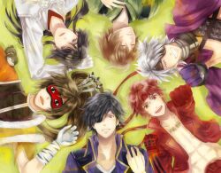  6+boys abs azai_nagamasa_(sengoku_basara) black_hair brown_hair chousokabe_motochika_(sengoku_basara) circle_formation closed_eyes commentary_request date_masamune_(sengoku_basara) eyepatch gloves green_background headband long_hair maeda_keiji_(sengoku_basara) male_focus mamipo messy_hair monkey mouri_motonari_(sengoku_basara) multiple_boys ponytail sanada_yukimura_(sengoku_basara) sengoku_basara sleep_mask sleeping smile white_hair yumekichi 