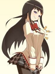  accio akemi_homura alternate_breast_size bad_id bad_pixiv_id black_hair bow breast_expansion breasts female hairband large_breasts long_hair mahou_shoujo_madoka_magica mahou_shoujo_madoka_magica_(anime) mitakihara_school_uniform pantyhose purple_eyes school_uniform shirt_tug simple_background skirt smirk smug solo troll_face yellow_background 