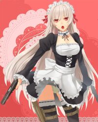  :o apron black_thighhighs border choker commentary_request doily dual_wielding female gun handgun holding holster lace lace_border long_hair maid maid_headdress open_mouth original ornate_border panties pantyshot prime_(prime_tw) red_eyes silver_hair solo thigh_holster thighhighs underwear waist_apron weapon white_panties 