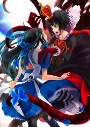  2girls alice:_madness_returns alice_liddell_(american_mcgee&#039;s_alice) american_mcgee&#039;s_alice black_hair blood boots commentary_request crown dress gin_ji green_eyes knife multiple_girls photoshop_(medium) queen_of_hearts_(alice_in_wonderland) skull supportasse thighhighs 