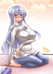  alternate_costume barefoot bespectacled blue_hair blush breasts casual commentary_request contemporary covered_nipples denim female glasses heart highres jeans kamishirasawa_keine lap_pillow_invitation large_breasts long_hair mimikaki multicolored_hair no_headwear oohira_sunset pants photoshop_(medium) ribbed_sweater seiza sitting solo sweater touhou two-tone_hair very_long_hair 