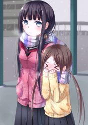  &gt;_&lt; bad_id bad_pixiv_id banned_artist black_hair blue_eyes blush brown_hair cardigan closed_eyes floral_print jacket long_hair mirai_(macharge) multicolored multicolored_clothes multicolored_scarf multicolored_stripes multiple_girls original scarf school_uniform shared_scarf shirt skirt snowing striped striped_scarf twintails 