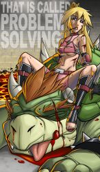  background_text bare_shoulders blonde_hair blood blue_eyes bowser breasts cigarette cigarette_holder crown elbow_pads english female femdom gloves highres leaning_back long_hair looking_at_viewer mario_(series) michael_lee_lunsford midriff molten_rock mound_of_venus navel nintendo princess_peach shirt sitting smoke smoking spread_legs straddle straddling super_mario_bros. text toes tongue torn_clothes torn_shirt underboob 