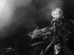  adepta_sororitas bolter commentary english_commentary female frank_(chopics) greyscale gun highres monochrome photoshop_(medium) solo warhammer_40k weapon 