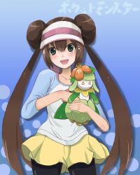  2girls brown_hair double_bun eena flower green_eyes highres lilligant mei_(pokemon) mei_(pokemon) multiple_girls plant plant_girl pokemon pokemon_(game) pokemon_bw2 smile 