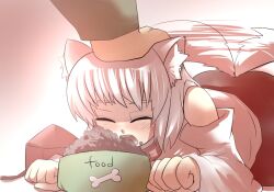  animal_ears bare_shoulders bowl closed_eyes commentary_request detached_sleeves eating female gaoo_(frpjx283) hand_on_another&#039;s_head hat headpat inubashiri_momiji out_of_frame pet_bowl pet_food smile solo_focus tail tail_wagging tokin_hat touhou unworn_hat unworn_headwear white_hair wolf_ears wolf_tail 