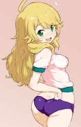  ahoge ass blonde_hair breasts buruma commentary_request female green_eyes gym_uniform heart hoshii_miki idolmaster idolmaster_(classic) long_hair looking_back medium_breasts open_mouth randou smile solo 