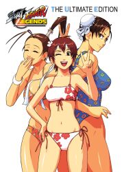  3girls animal_ears bandana bikini breasts brown_eyes brown_hair brown_legwear bun_cover bunny_ears capcom chun-li closed_eyes double_bun flower hand_on_hip hand_over_mouth headband hips ibuki ibuki_(street_fighter) kasugano_sakura kunai large_breasts laughing looking_back multiple_girls navel omar_dogan one-piece_swimsuit ox_horns pantyhose ponytail short_hair smile street_fighter street_fighter_iii swimsuit v v_(bunny_ears) weapon wink 