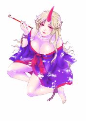  bare_shoulders blonde_hair breasts chokkimon cleavage commentary_request female full_body highres horns hoshiguma_yuugi hoshiguma_yuugi_(kimono) japanese_clothes kimono kiseru large_breasts long_hair simple_background single_horn smoking_pipe solo touhou white_background 