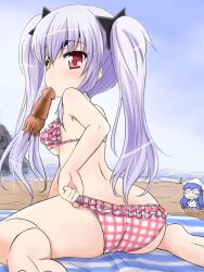  2girls adjusting_clothes adjusting_swimsuit ass bad_id bad_pixiv_id beach bikini breasts chibi crossover eyepatch ikamusume ikayaki kazami_ruku long_hair mini-ikamusume multiple_girls photoshop_(medium) plaid plaid_bikini purple_hair red_eyes senran_kagura senran_kagura_shoujo-tachi_no_shin&#039;ei shinryaku!_ikamusume small_breasts squid swimsuit twintails underboob yagyu_(senran_kagura) 