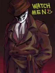  1boy ascot blood chuu_it coat copyright_name fedora gloves hand_in_pocket hat male_focus mask oekaki rorschach smiley_face solo tegaki trench_coat watchmen 