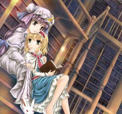  2girls alice_margatroid bad_id bad_pixiv_id barefoot blonde_hair blue_dress book bookshelf commentary_request double_bun dress dutch_angle frilled_sleeves frills hair_bun hairband hand_on_shoulder hat holding indoors library long_hair long_sleeves multicolored_eyes multiple_girls patchouli_knowledge purple_eyes purple_hair rabbit ribbon room slippers stairs striped too_many too_many_books touhou voile yellow_eyes yuki_shuuka yuri 