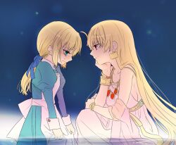  2girls aged_down ahoge alternate_costume arnoul artoria_pendragon_(fate) bad_id bad_pixiv_id blonde_hair blush bracelet dress earrings fate/stay_night fate/zero fate_(series) genderswap_(mtf) gilgamesh_(fate) green_eyes hair_ribbon jewelry lolicon long_hair multiple_girls necklace photoshop_(medium) ponytail red_eyes ribbon rule_63 saber_(fate) smile tears very_long_hair 