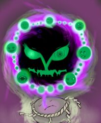  @_@ commentary_request floating ghost green_eyes highres horror_(theme) looking_at_viewer no_humans open_mouth pokemon pokemon_(creature) purple_background rope sharp_teeth simple_background smile spiritomb stone teeth threeworlds 